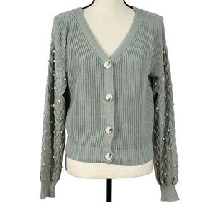Jessica Simpson sage green button down sweater with pearls appliqué